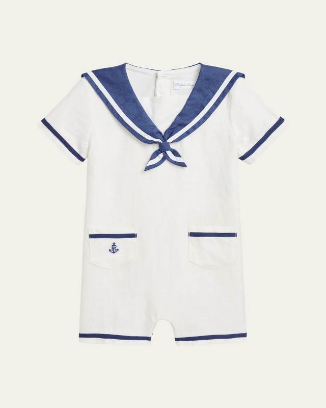 Boy's Sailor-Inspired Embroidered Shortall, Size 9M-